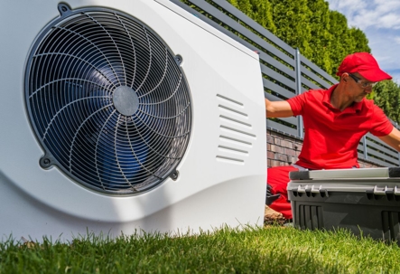 HVAC tech repairs a heat pump